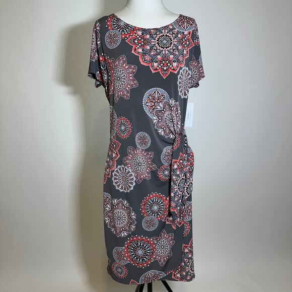 NWT Robbie Bee Gray Coral Floral Circles Faux Wrap Dress Womens Size Medium M - Picture 1 of 12